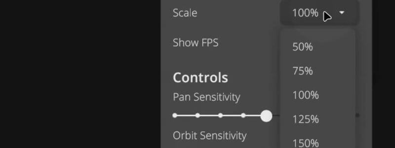 Interface settings menu in the IVALA Learn 3D viewer, with the Scale options from 50 to 150 percent and the control sensitivity sliders
