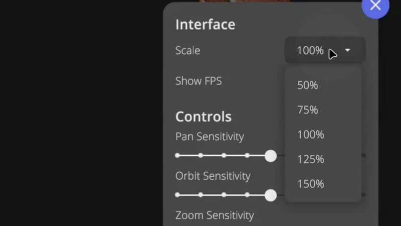 Interface settings menu in the IVALA Learn 3D viewer, with the Scale options from 50 to 150 percent and the control sensitivity sliders