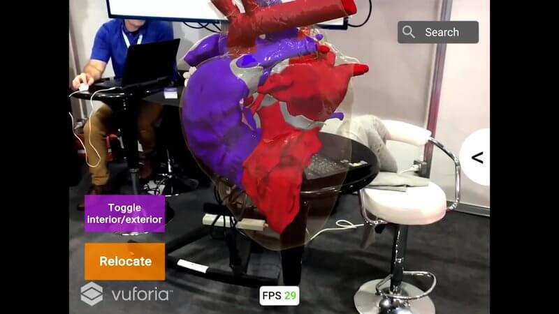 Augmented reality canine heart showing its internal anatomy, placed in a real room and viewed through a phone app