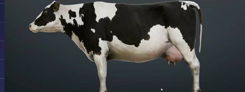 Black and white Holstein cow in lateral view in the IVALA Learn 3D viewer, ready for selecting its surface landmarks
