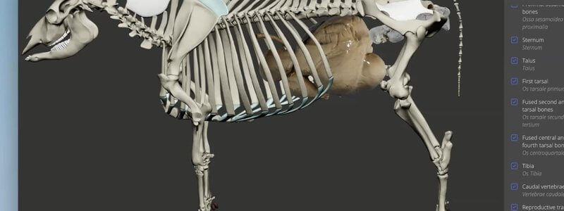 Bovine skeleton in lateral view in the IVALA Learn 3D viewer, with the stomachs in place inside the rib cage