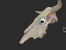 3D cow skull in left lateral view in the IVALA Learn viewer, with the cornual, auriculopalpebral and other key nerves highlighted around the eye and horn