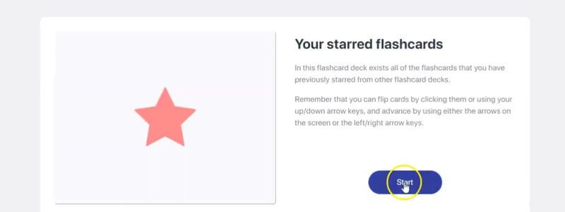 The Your starred flashcards deck in IVALA Learn, showing a large star and the Start button